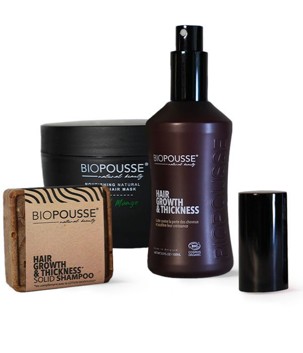 Lotion Biopousse - Pousse de cheveux + shampoing natural solide + Masque nourrissant