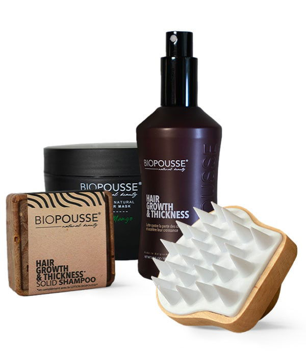 Lotion Biopousse - Pousse de cheveux + shampoing natural solide + Masque nourrissant + 1 brosse massante