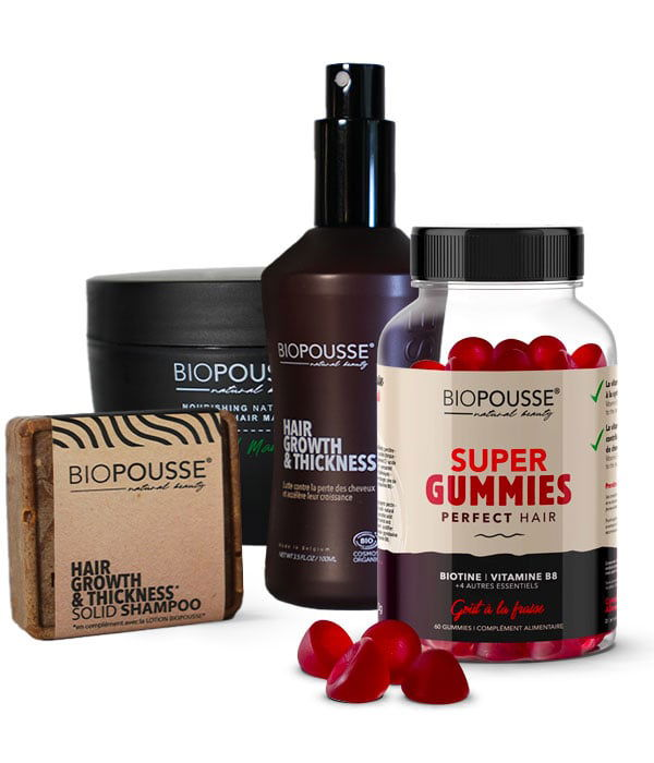 Lotion Biopousse - Pousse de cheveux + shampoing natural solide + Masque nourrissant + Gummies