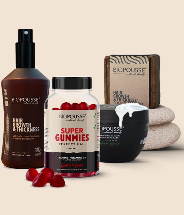 Lotion Biopousse - Pousse de cheveux + shampoing natural solide + Masque nourrissant + Gummies