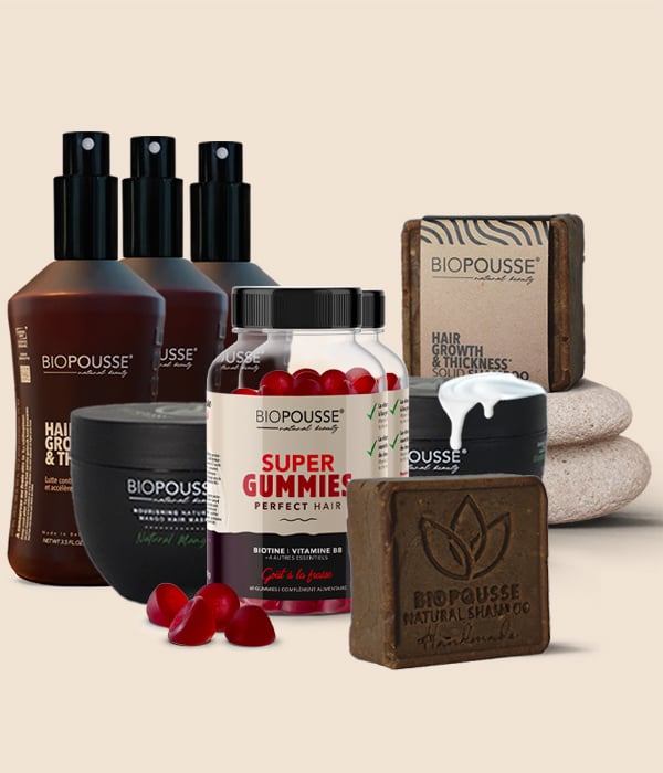 Lotion Biopousse - Pousse de cheveux + shampoing natural solide + Masque nourrissant + Gummies