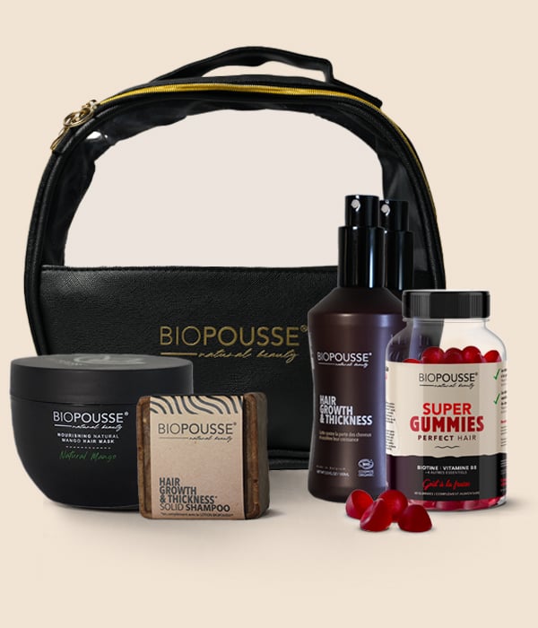 Coffret Evasion ✨ 2 Lotions Pousse de cheveux 100ml + 1 Masque Nourrissant 250ml + 1 Shampooing Solide pousse de cheveux 90g + 1 Super Gummies (60 gummies) + 1 Trousse OFFERTE